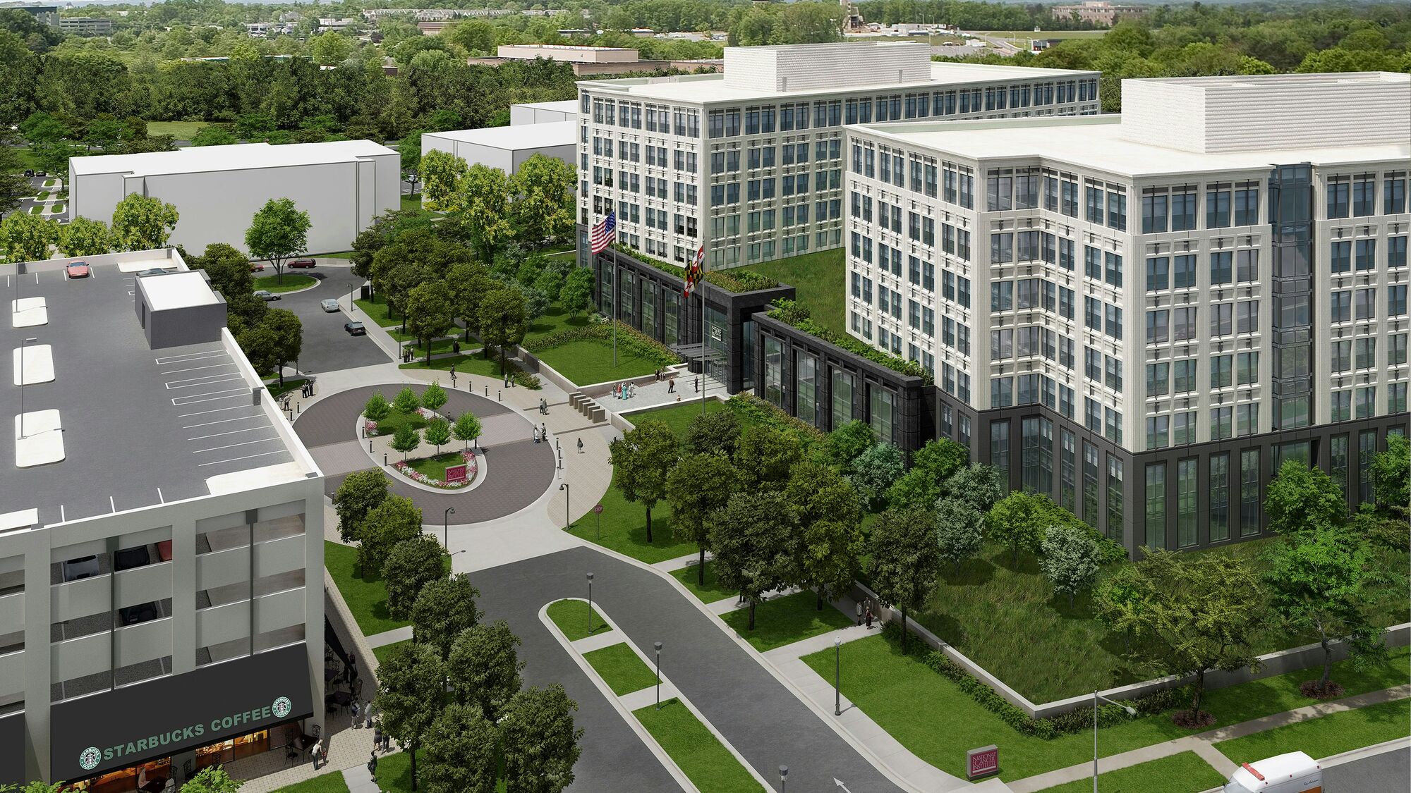 Aerial view of a modern healthcare campus undergoing electrical infrastructure modernization